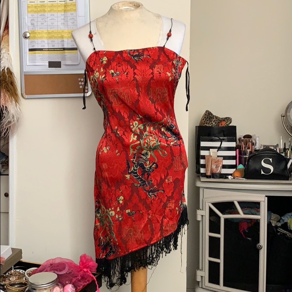 Fringed asymmetrical dragon print  dress